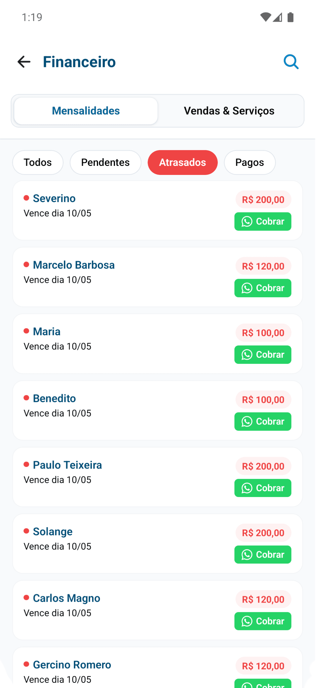 Tela de mensalidades com botão de aviso de cobrança via WhatsApp