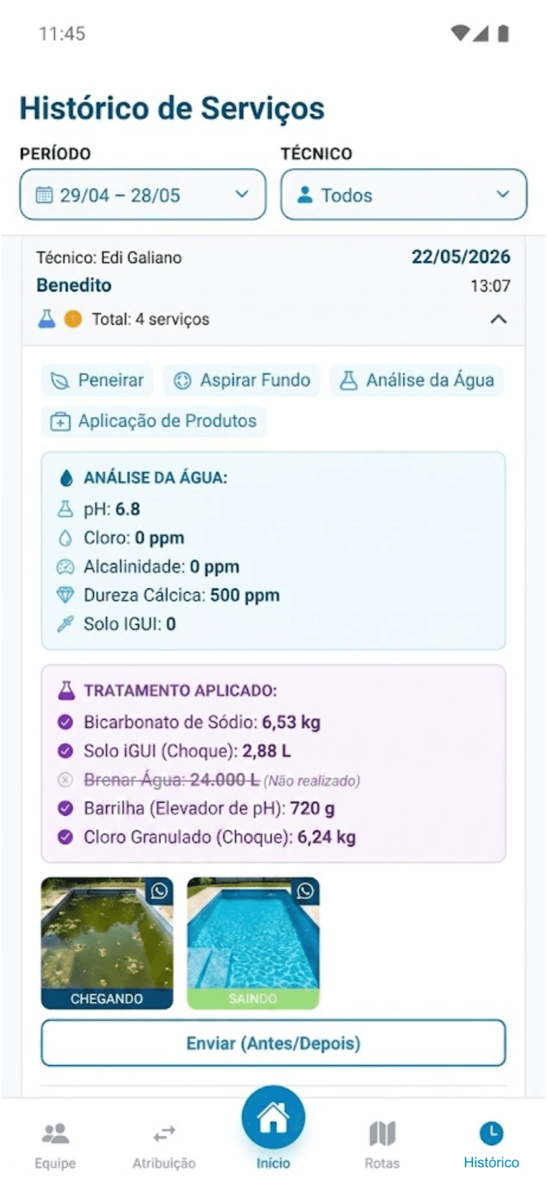 Relatório de serviço com fotos do antes e depois